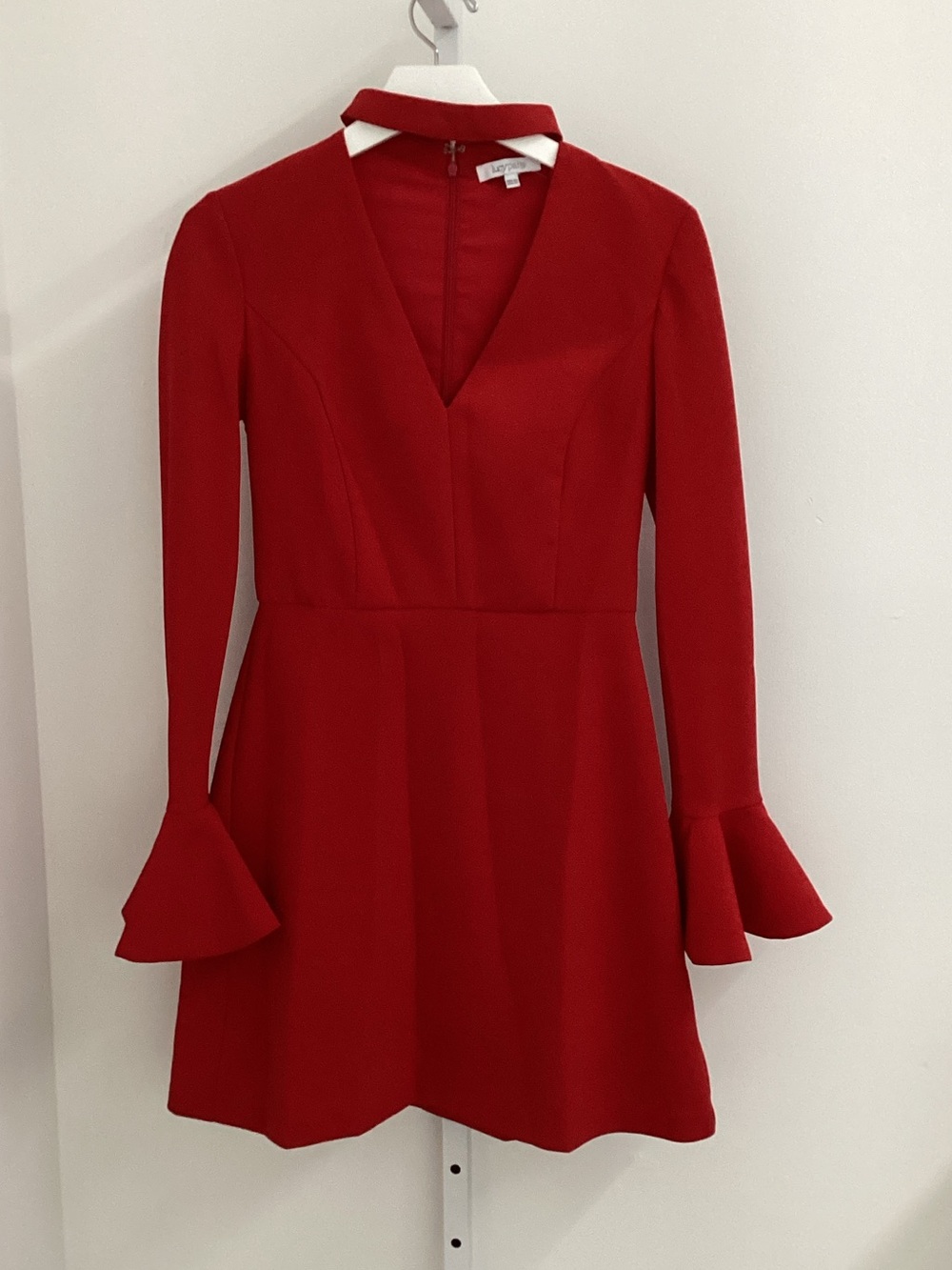 Lucy Paris Red Long-Sleeve V-Neck Fit-and-Flare Dress with Choker Collar